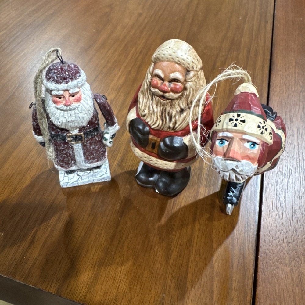 Lot Of 3 Santa Ornaments Figurines Signed Wood Resin Ice Skater Morning Arms